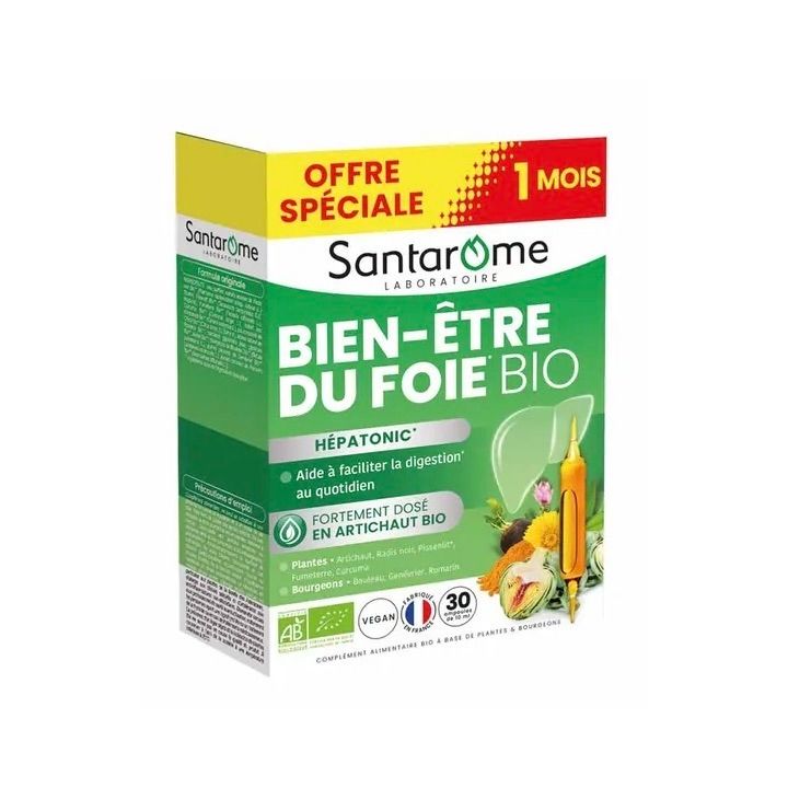 Hépatonic bien-être du foie bio Santarome - boite de 30 ampoules de 10ml offre spéciale