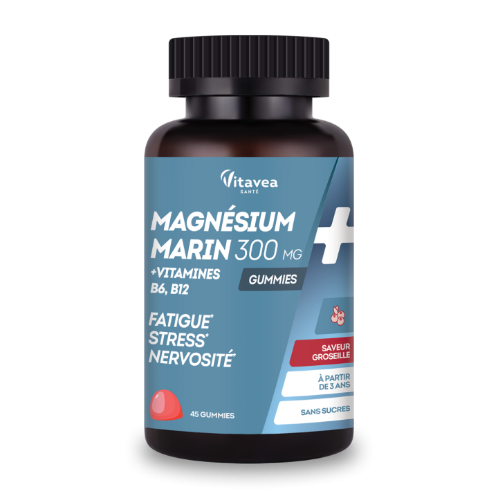 Magnésium marin 300mg vitamines B6 B12 Vitavea - pot de 45 gummies 