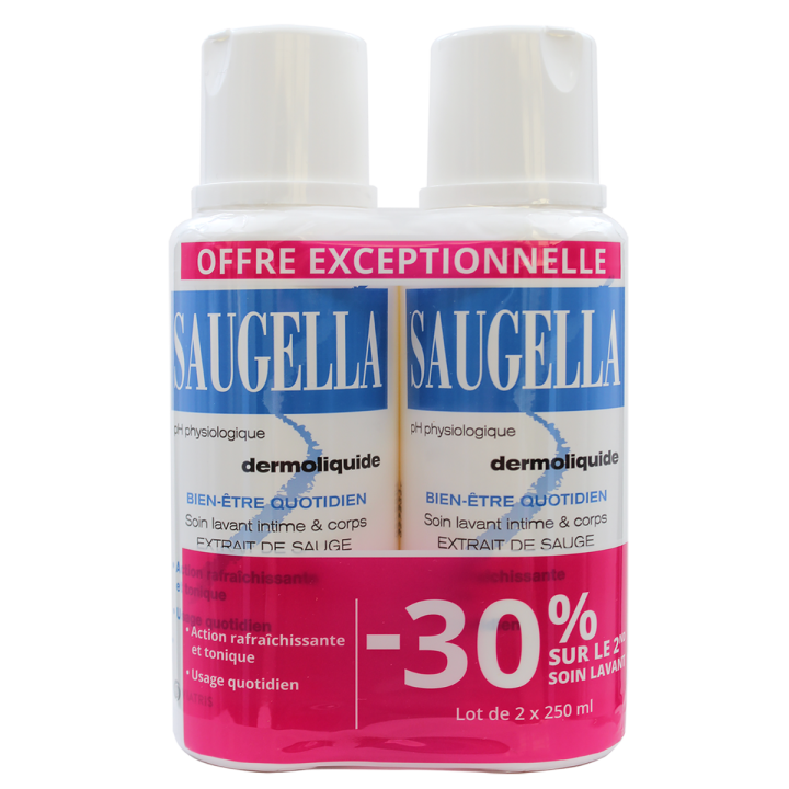 Dermoliquide émulsion lavante douce Saugella - 2 flacons de 250 ml