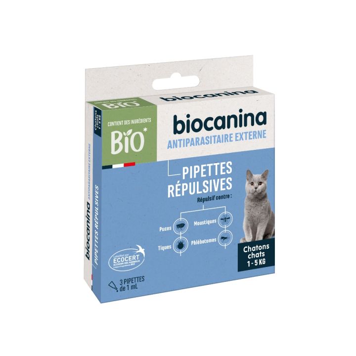 Pipettes répulsives antiparasitaire externe chat 1 à 5kg Biocanina - boite de 3 pipettes de 1ml