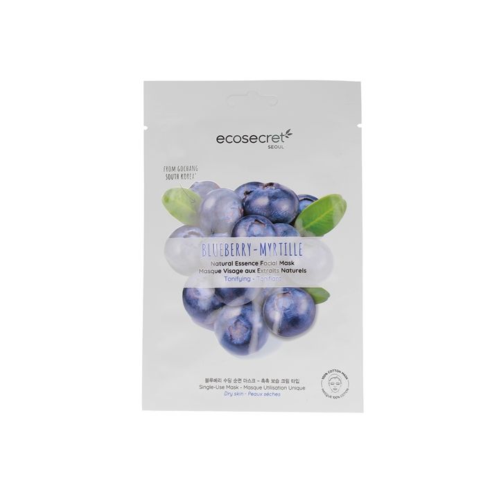 Masque visage tonifiant aux extraits naturels de myrtille Eco Secret - un masque en tissu