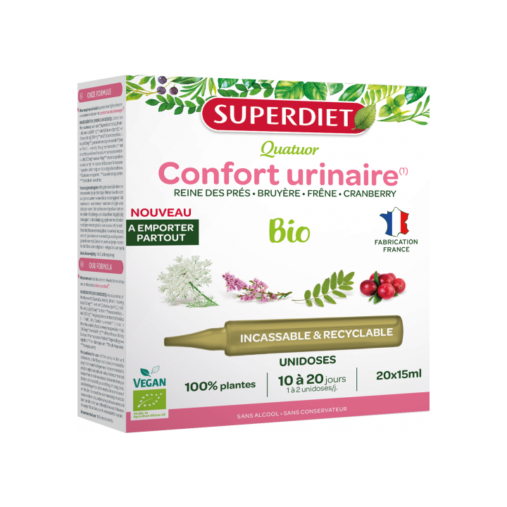 Quatuor Confort urinaire bio Superdiet - boîte de 20 unidoses de 15ml