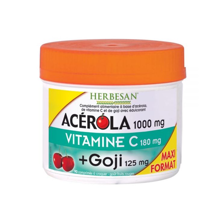 Acérola 1000 mg + vitamine C 180 mg + Goji 125 mg Herbesan - pot de 90 comprimés à croquer