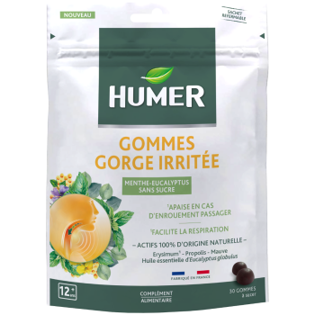 Gommes gorge irritée Menthe-eucalyptus sans sucre Humer - sachet de 30 gommes