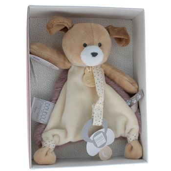Mini doudou chien attache sucette Doudou et compagnie - boîte avec doudou de 15 cm