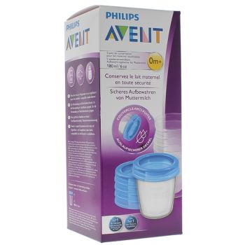 Pots de conservation lait maternel réutilisables 0 mois et + Avent - boîte de 5 pots de 180 ml