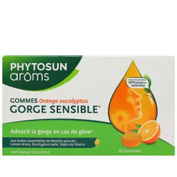 Gorge sensible goût orange eucalyptus Phytosun Arôms- boite de 30 gommes