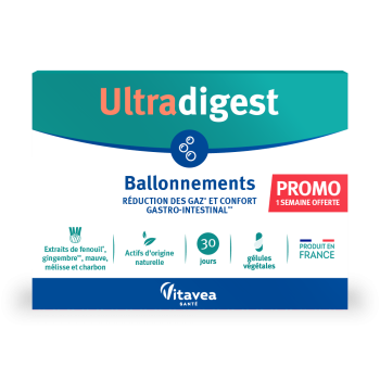 Ultradigest ballonnements Vitavea - bo&icirc;te de 90 g&eacute;lules v&eacute;g&eacute;tales