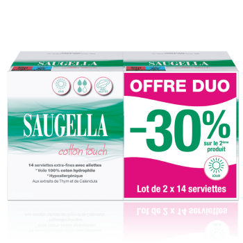 Cotton Touch Serviettes extra-fines avec ailettes jour Saugella - lot de 2 boîtes de 14 serviettes