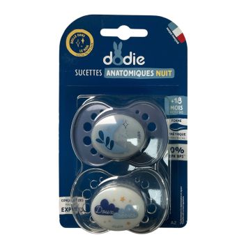 Sucette anatomique silicone nuit +18 mois bleu Dodie - 2 sucettes