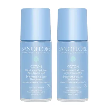 Déodorant fraîcheur coton anti-traces 24h bio Sanoflore - offre spéciale 2 roll-on de 50ml