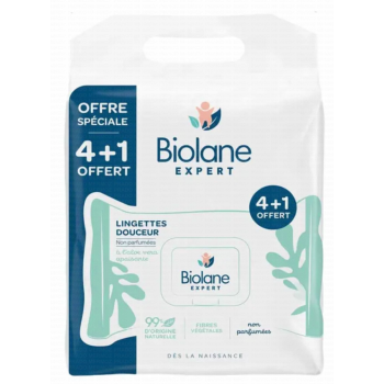 Lingettes douceur non parfum&eacute;es Biolane - 4 + 1 offert