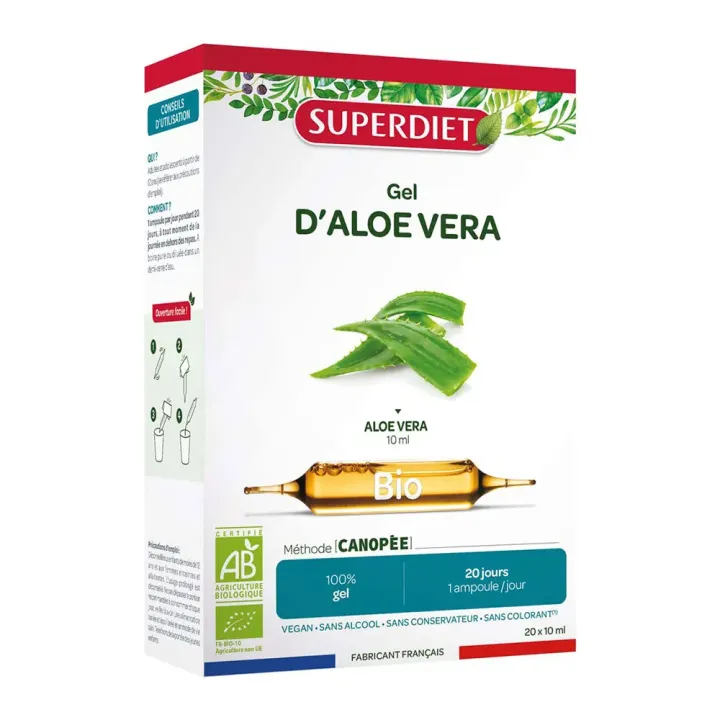 Gel d'Aloé vera bio Super Diet - boite de 20 ampoules de 10ml
