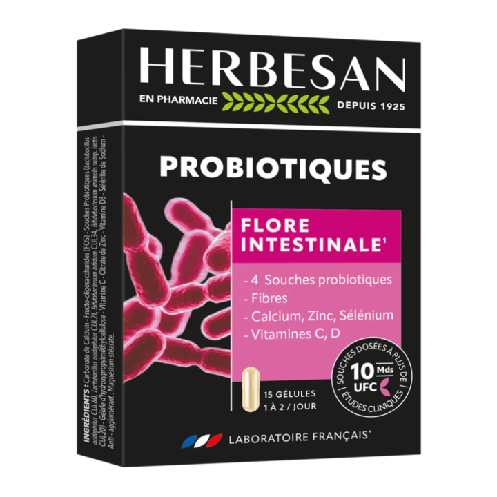 Probiotiques flore intestinale Herbesan - boite de 15 gélules