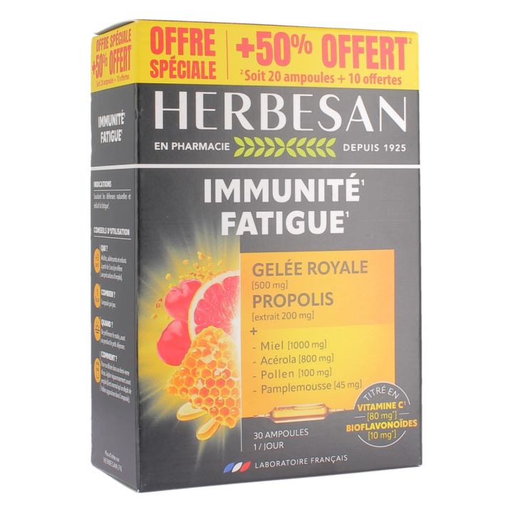 Système immunitaire réduction de la fatigue Herbesan - Boite de 20 ampoules + 10 offertes