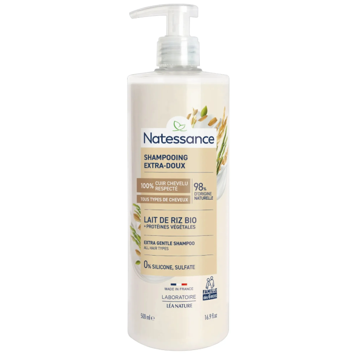 Shampooing extra-doux lait de riz bio Natessance - flacon-pompe de 500ml
