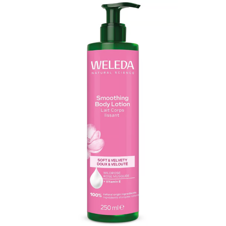 Lait corps lissant rose musquée Weleda - flacon-pompe de 250ml
