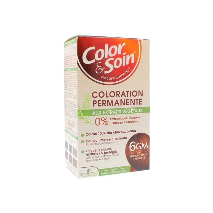 Color & Soin Coloration permanente aux extraits végétaux blond foncé cannelle 6GM Les 3 Chênes - kit de 4 produits