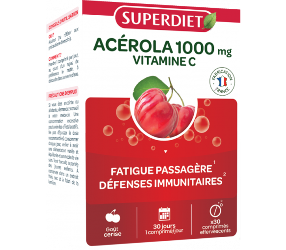 Acérola 1000mg + vitamine C Superdiet - boîte de 30 comprimés effervescents - image 1