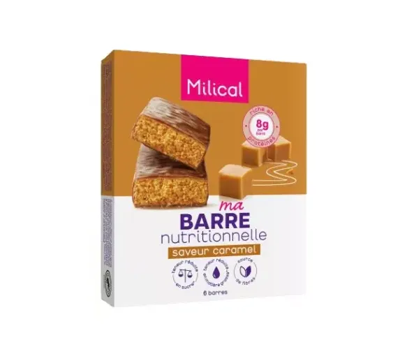 Barre hyperprotéinée saveur caramel Milical - boite de 6 barres