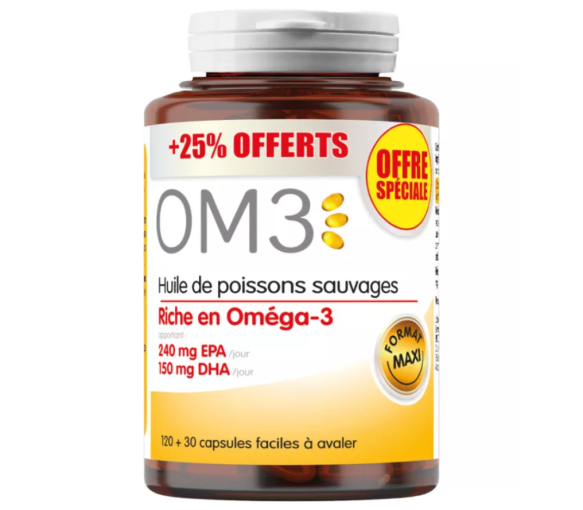 OM3 Huile de poisson sauvage Super Diet - offre spéciale +25% offerts 120+130 capsules