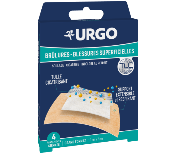Pansements Urgo brûlures/blessures superficielles - boîte de 4 pansements stériles grand format