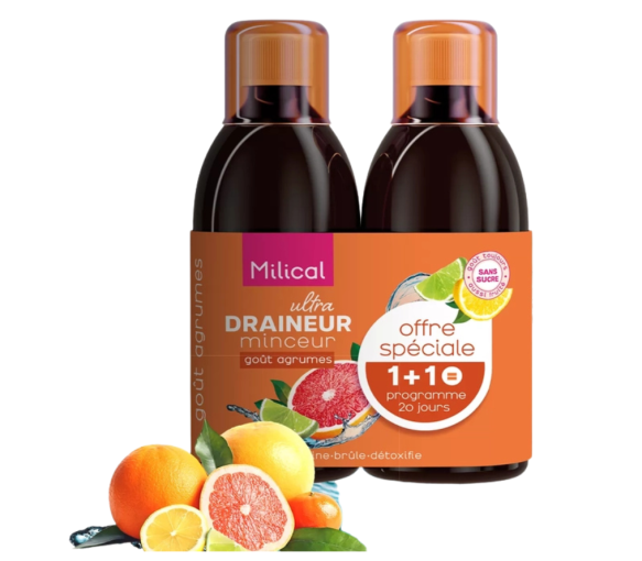 Draineur minceur ultra goût agrumes sans sucre Milical - lot de 2 flacons de 500ml