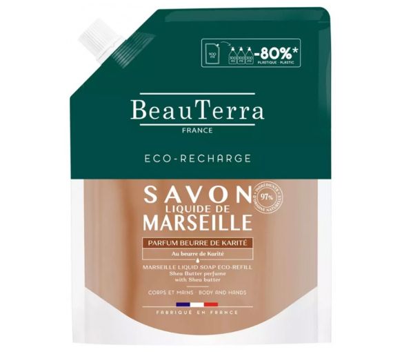 Savon liquide de marseille parfum beurre de karité Beauterra - eco-recharge de 900ml
