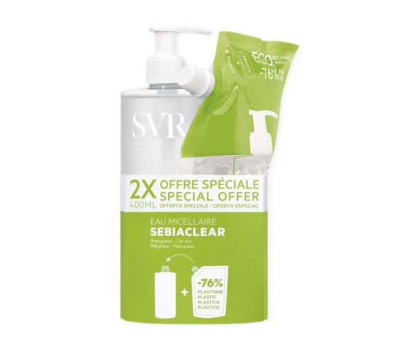 Sebiaclear Eau micellaire SVR - lot d'un flacon de 400 ml + une recharge de 400ml