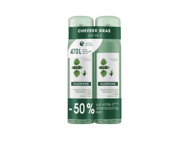 Shampooing sec séboréducteur à l'ortie Klorane - lot de 2 sprays de 150 ml