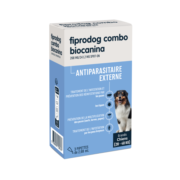 Fiprodog combo 268 mg/241,2 mg antiparasitaire externe grands chiens (20-40kg) Biocanina - boîte de 3 pipettes de 2,68ml