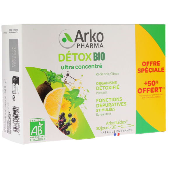 Arkofluides Détox bio Arkopharma - boîte de 20 ampoules + 10 offertes