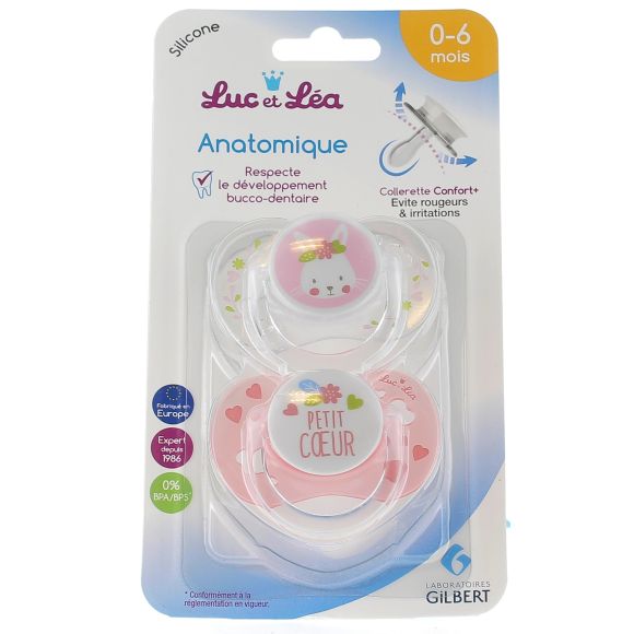 Sucettes Silicone Anatomiques avec anneau 0-6 mois modèle Lapin/ Coeur Luc et Léa - 2 sucettes