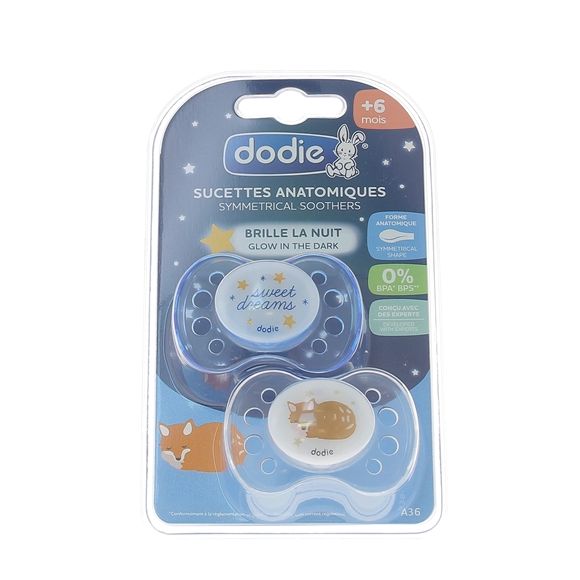 Sucettes anatomiques +6 mois spéciales nuit Dodie - lot de 2 sucettes