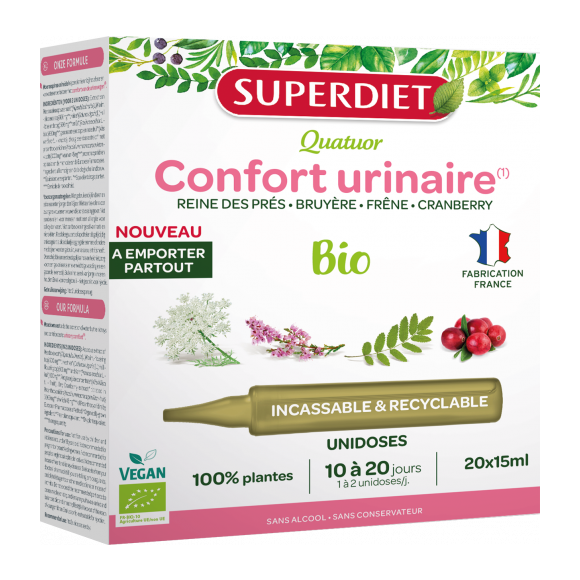 Quatuor Confort urinaire bio Superdiet - boîte de 20 unidoses de 15ml