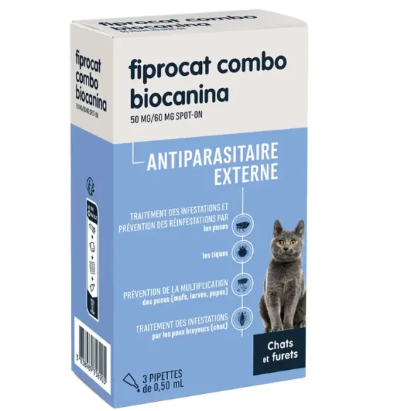 Fiprocat combo 50 mg/60 mg antiparasitaire externe chats et furets Biocanina - boîte de 3 pipettes de 0,5ml