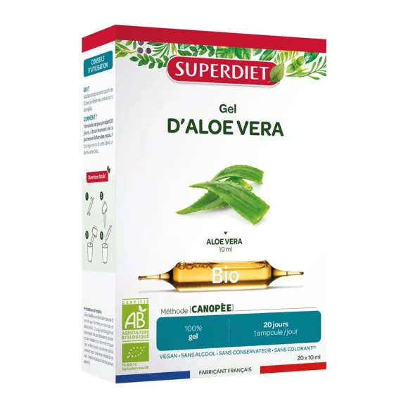 Gel d'Aloé vera bio Super Diet - boite de 20 ampoules de 10ml