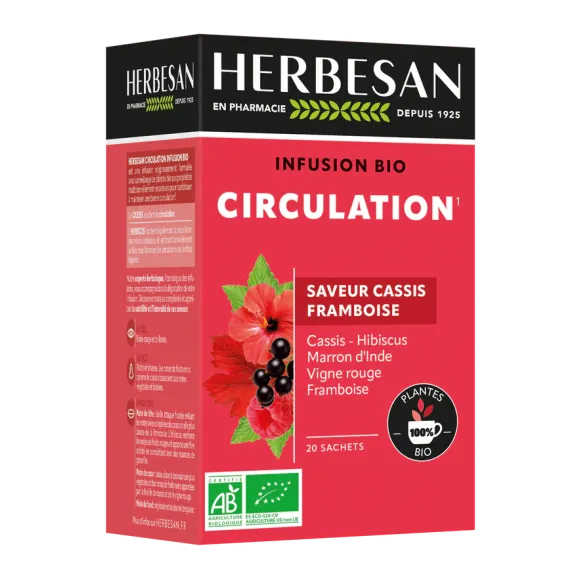 Infusion bio Circulation saveur cassis framboise Herbesan - boite de 20 sachets