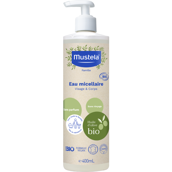 Eau micellaire sans parfum bio Mustela - flacon-pompe de 400 ml