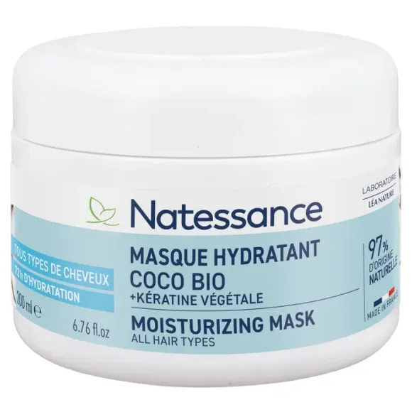 Masque capillaire hydratant coco bio et kératine végétale Natessance - pot de 200ml