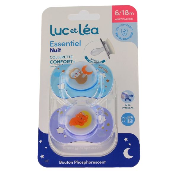 Essentiel nuit confort sucettes anatomiques 6/18mois Luc et Léa - lot de 2 sucettes