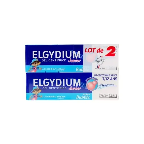 Dentifrice au fluorinol 7-12 ans goût bubble Elgydium Junior - lot de 2 tubes de 50ml