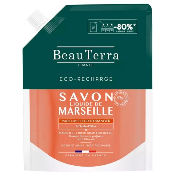 Savon liquide de marseille parfum fleur d'oranger Beauterra - eco-recharge de 900ml