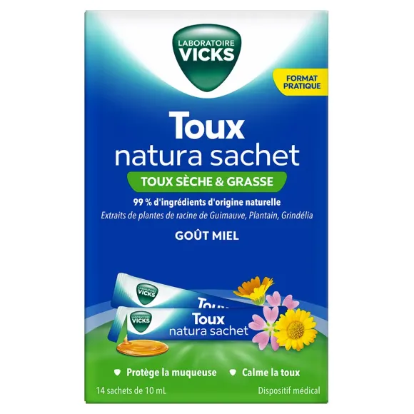 Toux natura sirop toux sèche et grasse goût miel Vicks - boîte de 14 sachets de 10ml