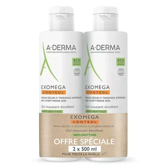Exomega Control gel moussant émollient anti-grattage A-derma - lot de 2 flacons