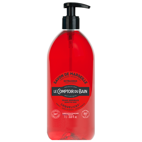 Savon de marseille liquide coquelicot Le comptoir du Bain - flacon-pompe de 1 L