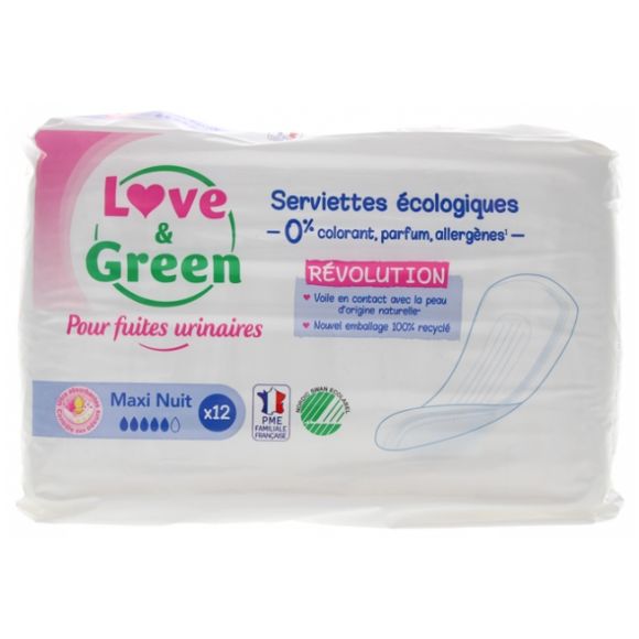 Serviettes écologiques fuites urinaires maxi nuit Love & Green - sachet de 12 serviettes