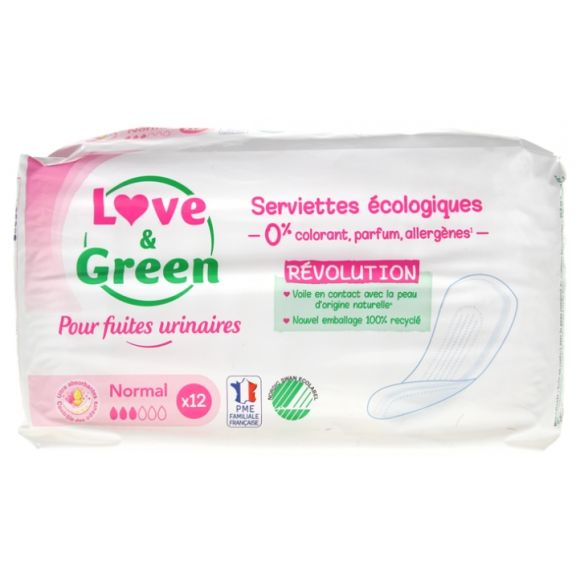 Serviettes écologiques fuites urinaires normal Love & Green - sachet de 12 serviettes